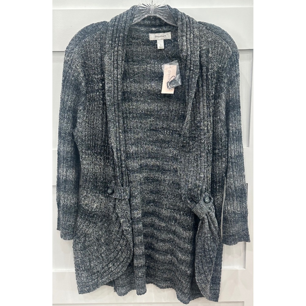 Dressbarn Womens Black White Marled Knit Cardigan Sweater Tab Button Front L NWT